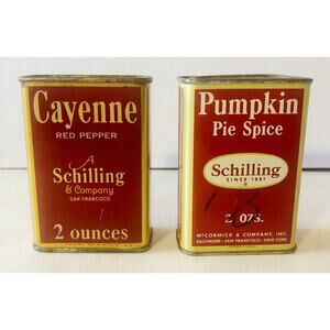 Vintage Schilling Spice Tins Pumpkin Pie Recipe Cayenne Red Pepper McCormick SF